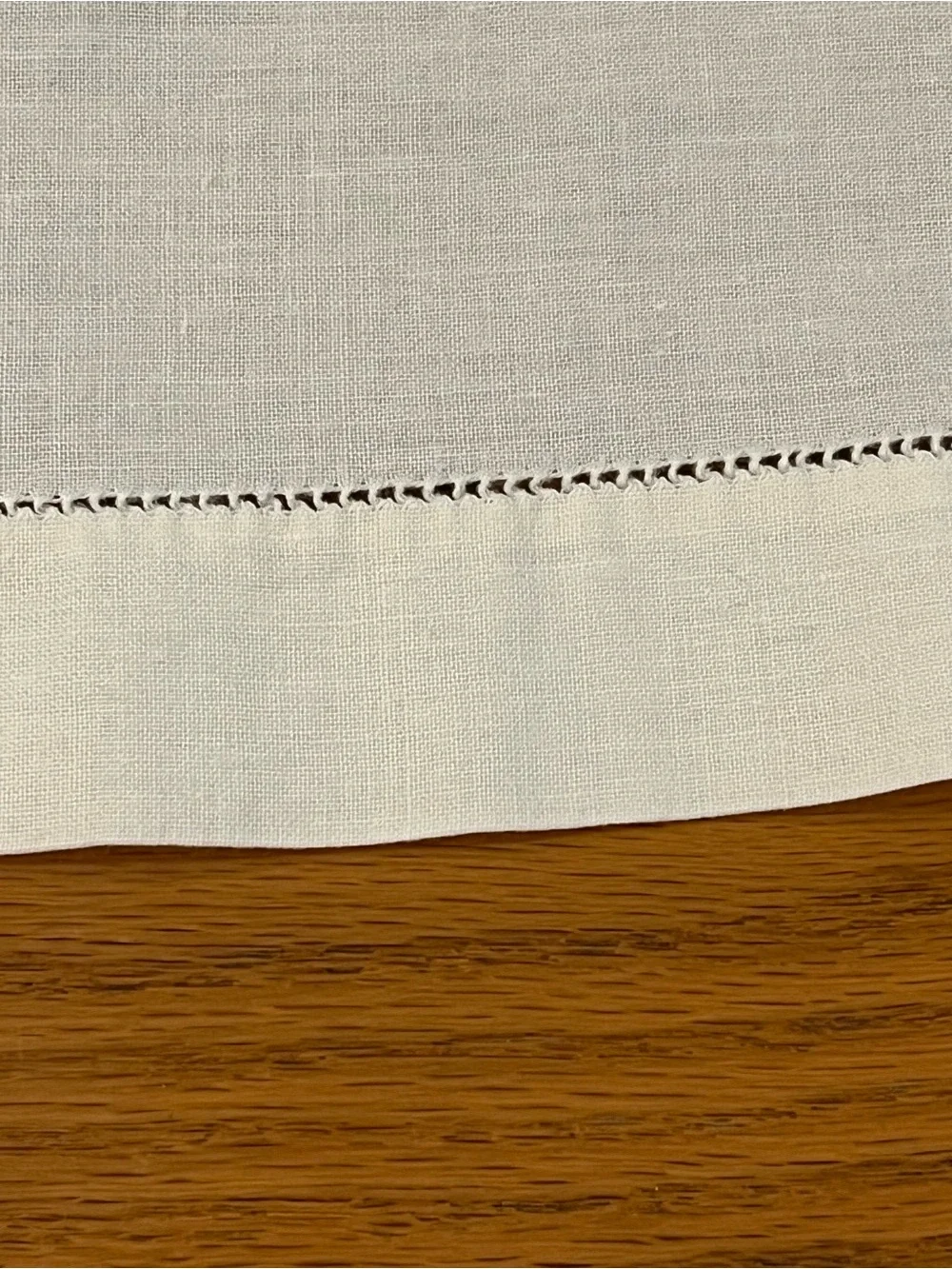 Vintage Handmade Ecru Linen Square Tablecloth with Hemstitch Accent